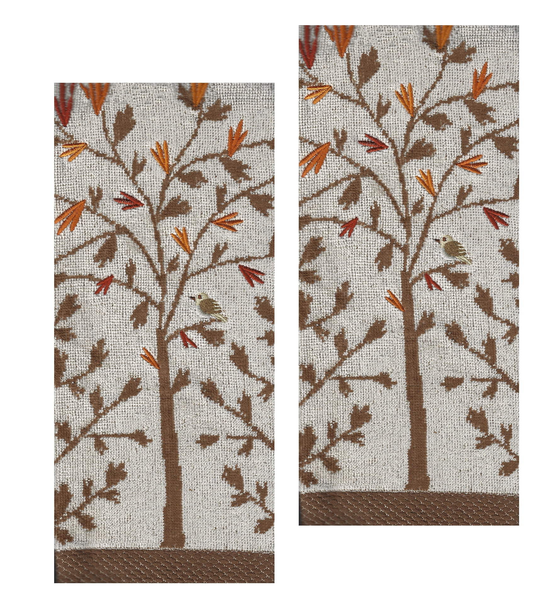 Fall Bath Hand Towels, Set of 2 Beige, Brown Tree and Leaves Celebrate