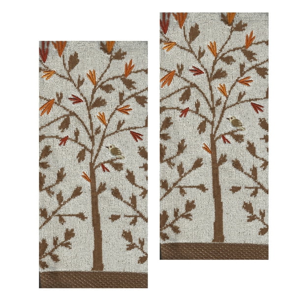 Fall Bath Hand Towels, Set of 2 Beige, Brown Tree and Leaves Celebrate