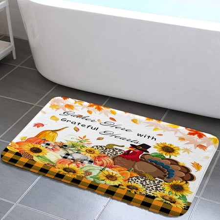 Fall Bath Mat, Autumn Thanksgiving Turkey Pumpkin Sunflower Bath Rug, Non Slip Bathroom Rug, Bathroom Decor 17x29 Inch
