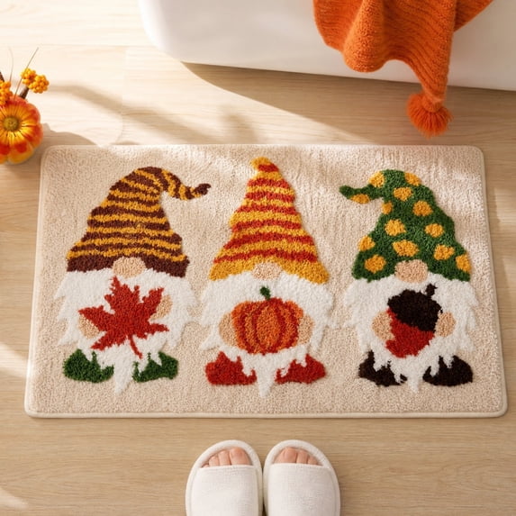 Fall Bathroom Decor Gnomes Rug with Pumpkin Maple Leaf, Cute Autumn Non-Slip Rug for Thanksgiving Home Decor, Funny Bath Mat for Bedroom Kitchen, 16 x 24 Inch
