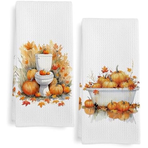 Fall Bathroom Decor Hand Towels Set of 2, Farmhouse Autumn Pumpkins Dish Tea Towels for Kitchen,Fall Toilet Bathtub Decorative Hand Towel for Bathroom, Rustic Pumpkin Decor, 16x24