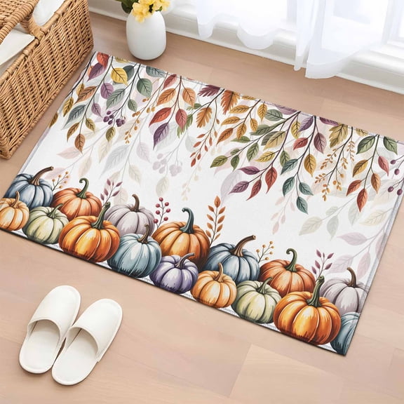 Fall Bathroom Rug Washable 2x3 Entryway Rug Non Slip Thanksgiving Pumpkins Weeping Maple Leaf Front Door Mat Low Pile Indoor Doormat Throw Floor Carpet for Kitchen Bedroom Entrance