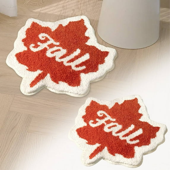Fall Bathroom Rugs 19.6*31.4 Inch,Absorbent Non - Slip Machine Washable Cute Bath Mats for Bathroom Maple Autumn Leaf Bath Rugs for Bedroom Floor Showe Home Holiday Decor,Orange White