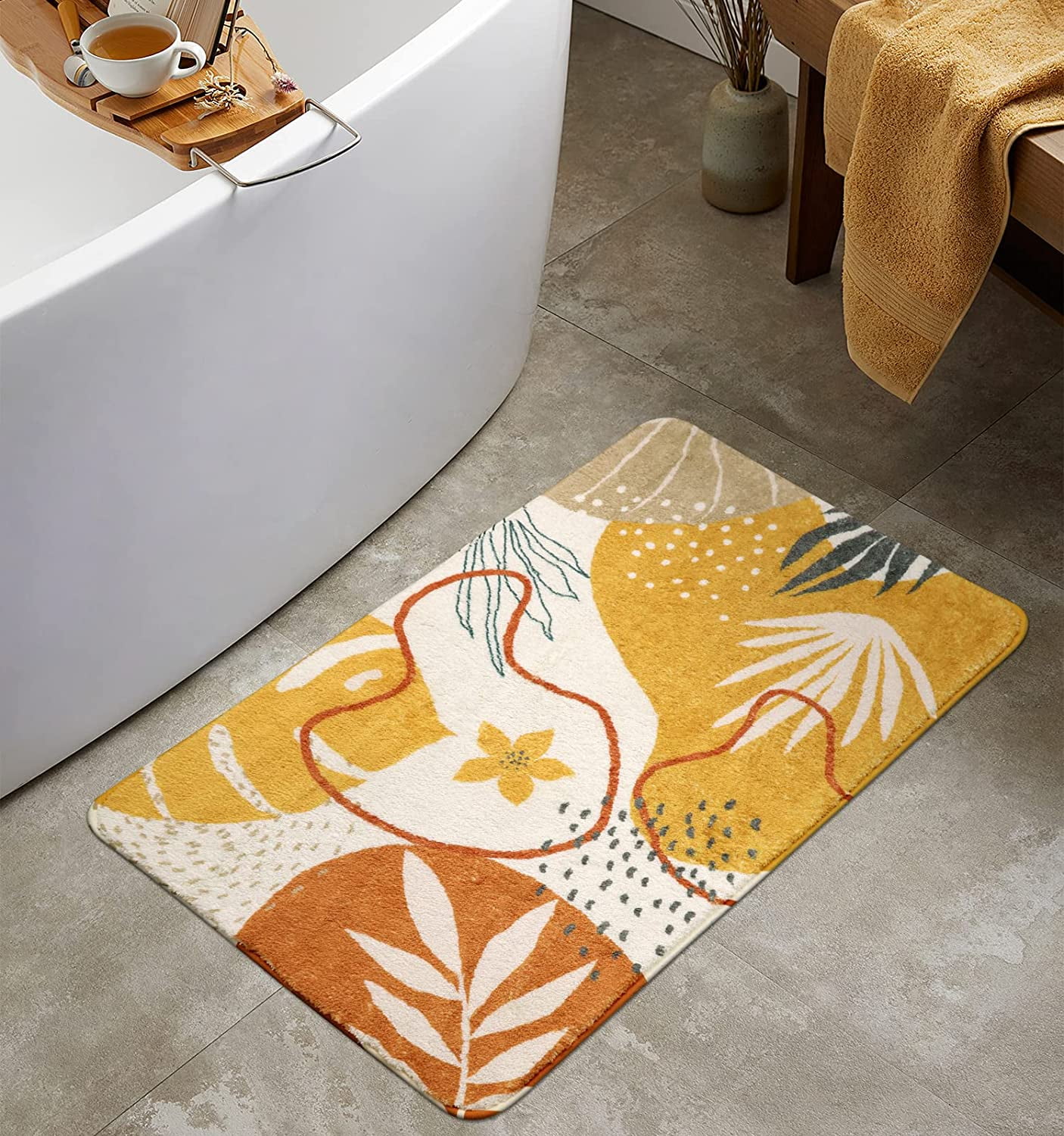 Fall Bathroom Rugs Cute Yellow Plant Bath Mat Non-Slip Abstract Printed ...