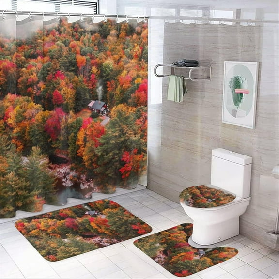 Fall Bathroom Set of 4 with Non-Slip Rugs, Toilet Lid Cover and Bath Mat, Autumn Yellow Forest 4 Pcs Shower Curtain Sets with Waterproof Bathroom Decor Sets with Curtain and Rugs, 71x71 Inch