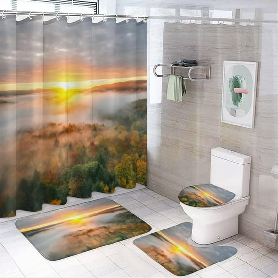 Fall Bathroom Set of 4 with Non-Slip Rugs, Toilet Lid Cover and Bath Mat, Autumn Yellow Forest 4 Pcs Shower Curtain Sets with Waterproof Bathroom Decor Sets with Curtain and Rugs, 71x71 Inch