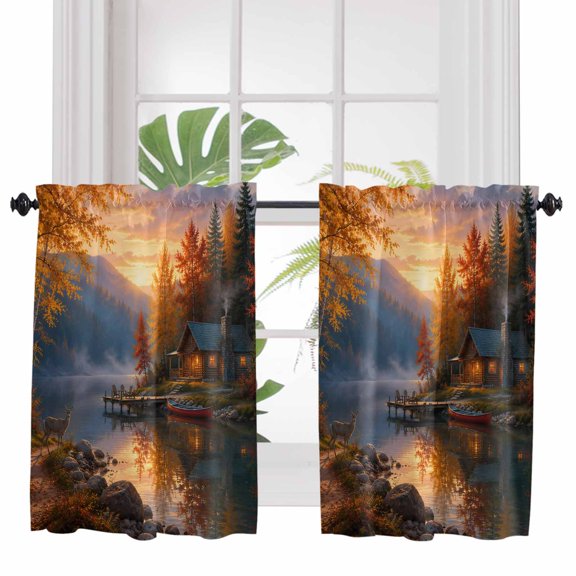 Fall Bathroom Window Curtain, Autumn Maple Trees Leaves Mountains Cabins Deer Light Filtering Coffee Kitchen Curtains, Bedroom Living Room Curtains 2 Panel 84"x45"