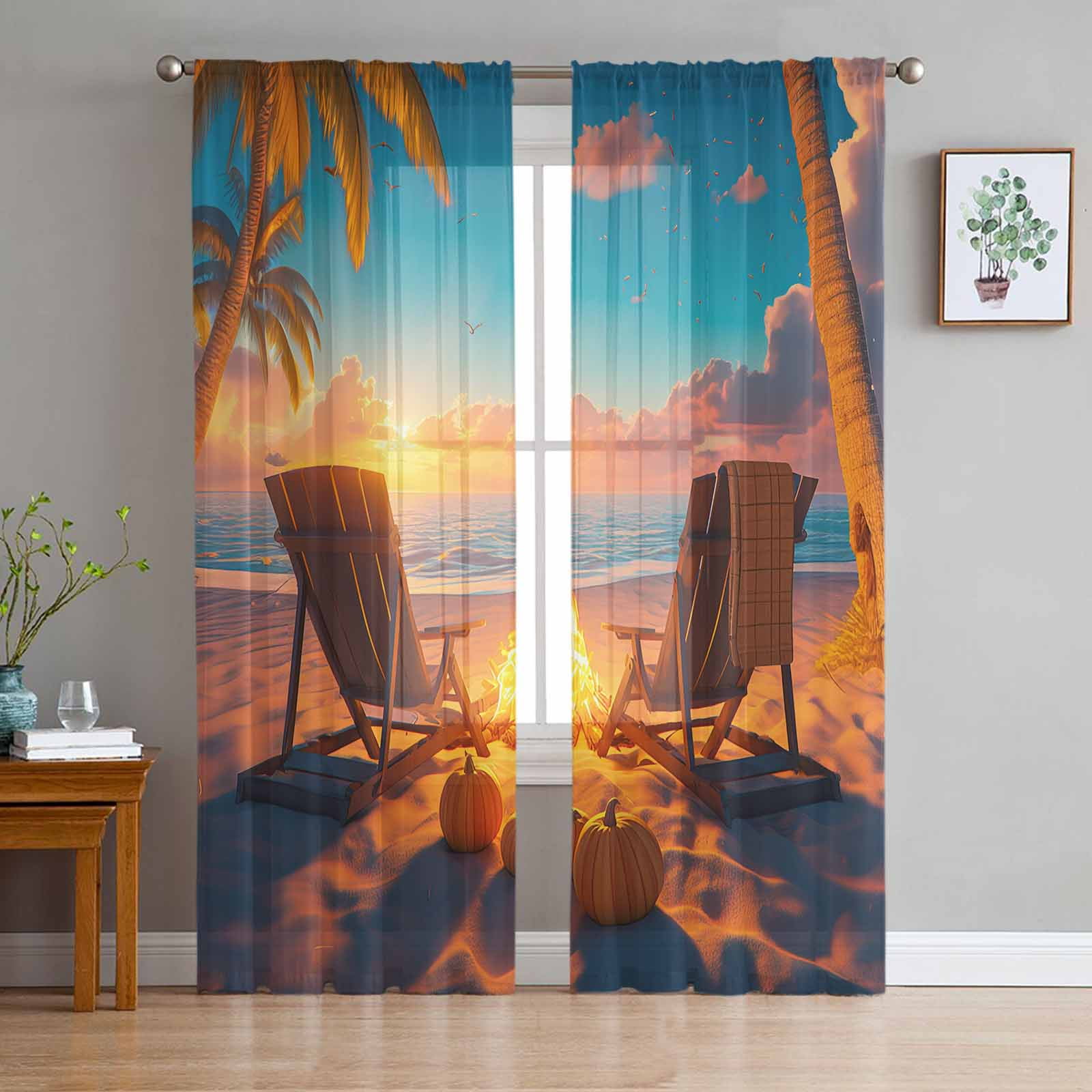Fall Beach Chair Pumpkin Sunset Window Tulle Curtains for Living Room