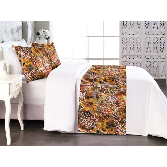 Fall Bed Runner Set, Autumnal Design Botanical Pattern of Repeating Leaves Outline Motif, Decorative Bedding Scarf & 2 Pillow Shams for Hotels Homes, Queen, Fawn Mustard and Vermilion, by Ambesonne