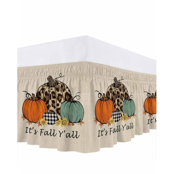 It's Fall Bed Skirt Y'all Leopard Plaid Pumpkin Harvest Linen Texture Bed Skirts Queen Size 16 Inch Drop, Wrap Around Dust Ruffle Bedskirt with Adjustable Elastic Belt for Queen Size Beds