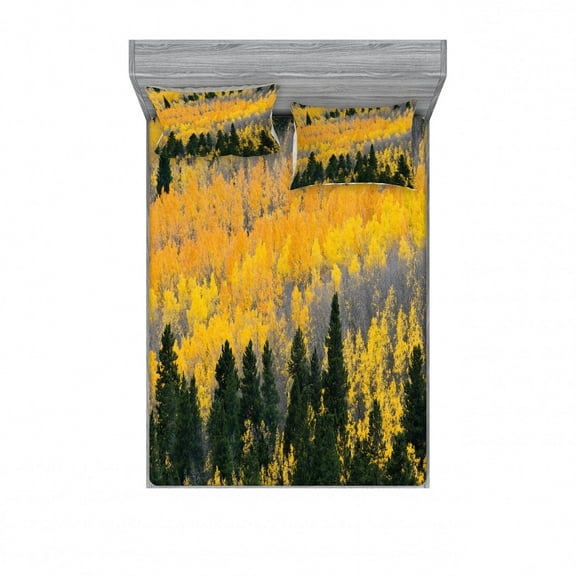 Fall Bedding Set with Sheet & Covers, Colorful Aspen Forest in Colorado Rocky Mountains Western Wilderness USA Theme, Printed Bedroom Decor 2 Shams, 4 Sizes, Green Yellow Grey, by Ambesonne