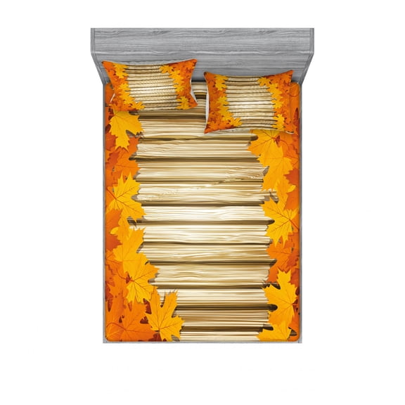 Fall Bedding Set with Sheet & Covers, Fallen Leaves on Wooden Wall September Foliage Rustic Style Print, Printed Bedroom Decor 2 Shams, 4 Sizes, Pale Coffee Marigold, by Ambesonne