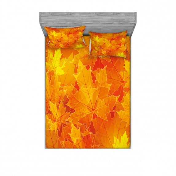 Fall Bedding Set with Sheet & Covers, Seasonal Maple Tree Leaves Botanical Foliage Vibrant Floral Forest Texture Image, Printed Bedroom Decor 2 Shams, 4 Sizes, Orange Yellow, by Ambesonne