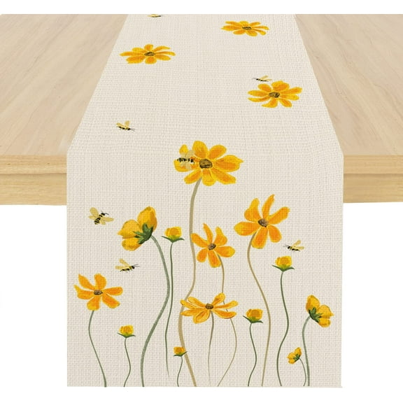 Fall Bee Daisy Yellow Table Runner 14x72 Inches Spring Summer Floral Plants Holiday Farmhouse Vintage Kitchen Long Dining Table Decoration for Indoor Outdoor Home Party Decor Bee Table Runner