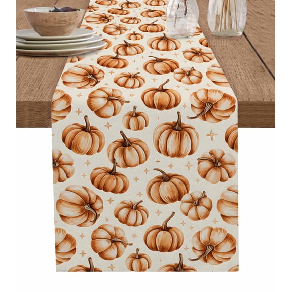 Fall Beige Pumpkins Burlap Cotton Table Runner 13x120 Inches Long, Thanksgiving Pastoral Rustic Farmhouse Table Runners, Outdoor Dining Tablecloths Decor for Baby Shower/Party/Wedding