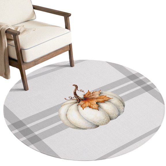 Fall Beige Pumpkins Small Round Rug 3Ft Thanksgiving Farmhouse Maple Leaf Stripe Plaid Area Rugs Washable Non Slip Indoor Floor Mats Circle for Entryway Under‑Nightstand Bathroom, Balcony