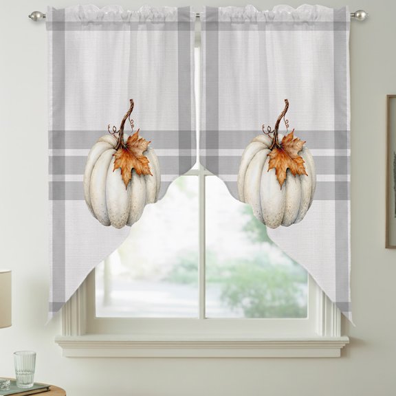 Fall Beige Pumpkins Swag Curtain Valances for Kitchen, Thanksgiving Farmhouse Maple Leaf Stripe Plaid Rod Pocket Curtains Window Treatment Swag Valance for Bedroom Bathroom, 2 Panels 28 x 36 Inch