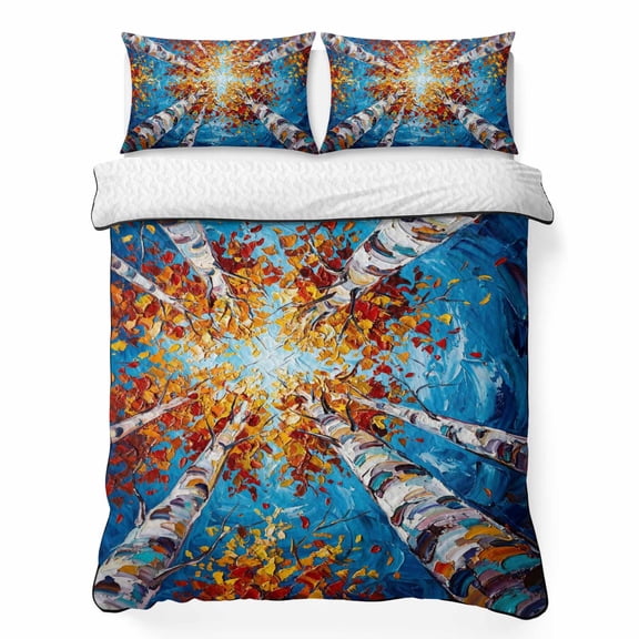 Fall Birch Trees 3 Piece Quilt Bedding Set with 2 Pillow Shams, Rustic Autumn Orange Leaves Impasto Texture Lightweight Bedspread Coverlet, Soft Breathable All Season Quilt, 96 x 106 Inch