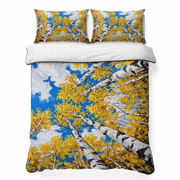 Fall Birch Trees 3 Piece Quilt Bedding Set with 2 Pillow Shams, Rustic Yellow Leaves Tree Trunks Sky Clouds Lightweight Bedspread Coverlet, Soft Breathable All Season Quilt, 96 x 106 Inch