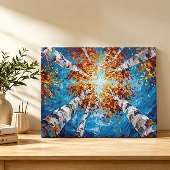 Fall Birch Trees Canvas Wall Art, Rustic Autumn Orange Leaves Impasto Texture Wall Art Prints Artwork Framed Canvas Ready to Hang Art Pictures for Bathroom Bedroom Entry Desk Corner 10" x 8"