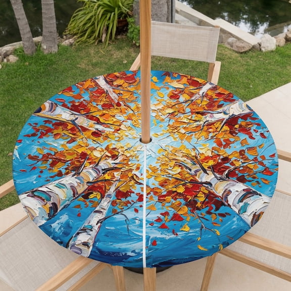Fall Birch Trees Outdoor Tablecloth with Umbrella Hole, Rustic Autumn Orange Leaves Impasto Texture Round Fitted Tablecloth Waterproof Table Cover with Zipper for Patio Garden Fits 31"-35" Table