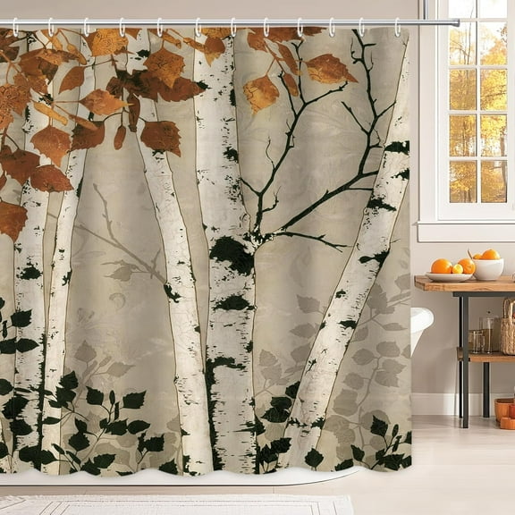Fall Birch Trees Shower Curtain Autumn Maple Leaves Shower Curtain Forest Nature Scenery Decor Polyester Fabric Bathroom Curtains with Hooks 70"W x 72"L (Pack of 1)