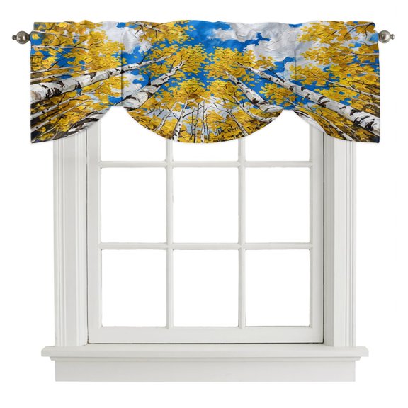Fall Birch Trees Tie Up Valances Curtain, Rustic Yellow Leaves Tree Trunks Sky Clouds Adjustable Valance for Window Light Filtering for Kitchen and Bathroom Rod Pocket 1 Panel 42x12in
