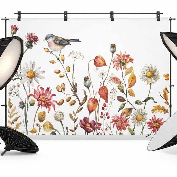 Fall Bird Flower Backdrop for Photography,Fabric Photo Background Backdrop,Thanksgiving Autumn Leaves Daisy Photo Booth Background for Portrait Photoshoot Video Wedding Studio Decoration Banner 7x5ft