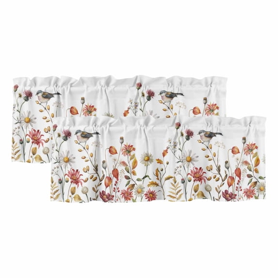 Fall Bird Flower Curtain Valances for Windows, Kitchen Valance Window Treatments Panel 2 Pack, Thanksgiving Autumn Leaves Daisy Rod Pocket Short Curtains for Bathroom Bedroom 42 x 12 Inch
