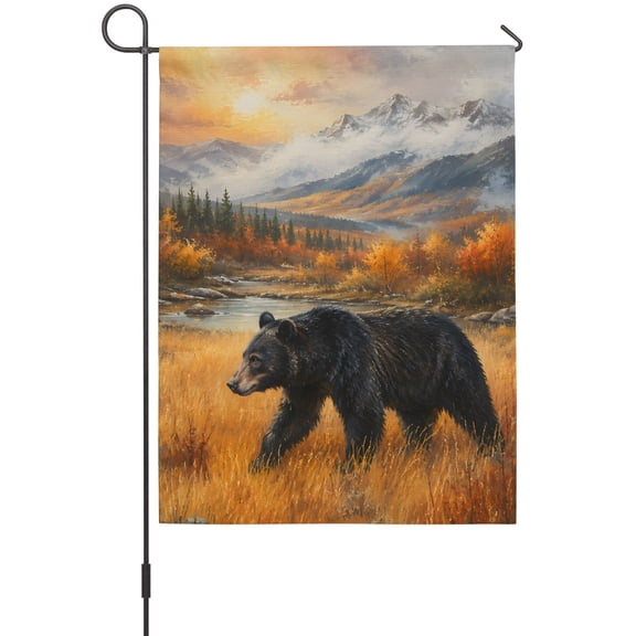 Fall Black Bear Garden Flag 12 x 18 Inches, Golden Meadow Forest Snow Capped Mountain Rustic Weather Proof Outdoor Patio Flags Double Sided Small Garden Decoration for Yard Outside Home