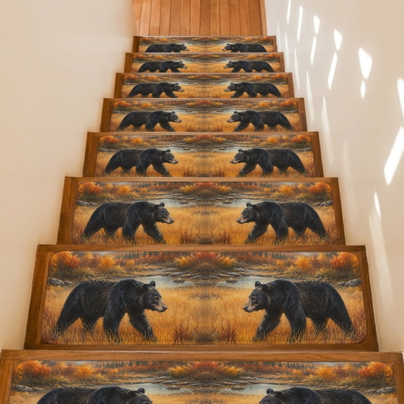 Fall Black Bear Non-Slip Stair Treads for Wooden Steps, 15 Pack 8x30 Inches Carpet Stair Mats with Adhesive Backing, Noise-Reducing Step Covers for Indoor Stairs, Easy to Install & Residue-Free