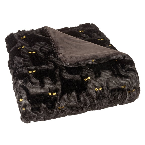 Fall Black Cat Faux Fur Throw Blanket 50x60, 3D Embossed Plush Fleece Blanket, Super Soft Reversible Orange Autumn Throw for Couch, Sofa, Halloween & Thanksgiving Decor