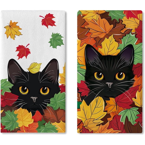 Fall Black Cat Maple Leaves Kitchen Dish Towels Set of 2, Autumn Kitty Drying Hand Towel Baking Cooking Cloth, Pet Cat Owner Lover Gifts Farmhouse Bathroom Home Decoration 18''x26''