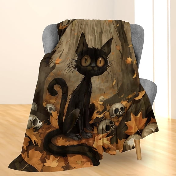 Fall Black Cat Print Flannel Throw Blanket, Choose From 30 x 40, 40 x 50, 50 x 60, 60 x 80 Inches, Soft Cozy Blanket for Couch