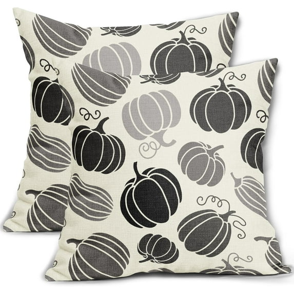 Fall Black Grey Gray Pumpkin Pillow Covers 16x16 Set of 2 Autumn Themed Thanksgiving Cream Print Decorative Throw Pillows Outdoor PillowCase Farmhouse Linen Cushion Case Decor for Home Sofa Couch Bed