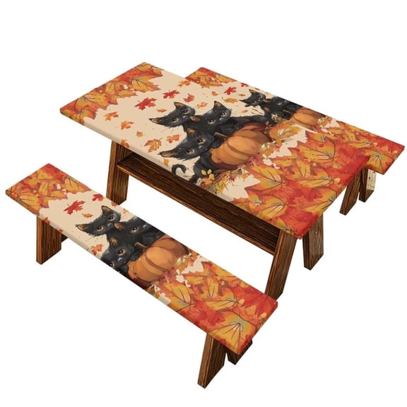 Fall Black Kittens Pumpkin Maple Leaf Picnic Table Cover with Bench Covers, 3 Piece Waterproof Elastic Fitted Picnic Table Bench Covers Set, 72 Inch Table Cover and Two 72 x 12 in Bench Covers