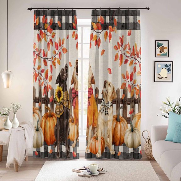 Fall Blackout Curtains for Bedroom/Living Room, Pinch Pleated Black Out Curtains, Pumpkin Dog Thanksgiving Maple Tree Rustic Plaid Room Darkening Window Drapes with Hooks 2 Panels, 59"x70"