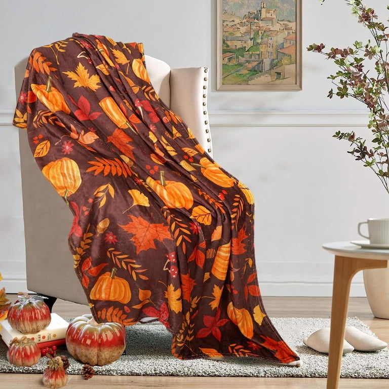 「Autumn Sleepover」セット Fall Blanket 50x60inch, Pumpkin Maple Leaf Autumn Harvest