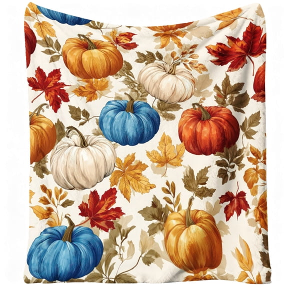 Fall Blanket Autumn Orange White Blue Pumpkin Maple Leaf Throw Blankets Seasons Harvest Thanksgiving Flannel Throw Blanket for Couch,Bed,Living