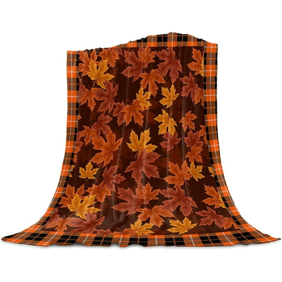 Fall Blanket Orange Maple Leaves Fleece Throw Blankets Thanksgiving Check Plaid Buffalo Warm Cozy Soft Breathable Bedspread for Thanksgiving Day Couch Bedroom 40" x 50"