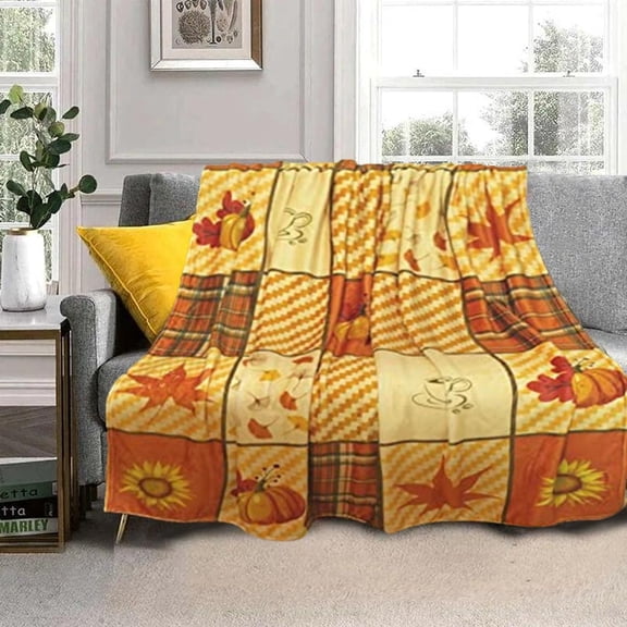 Fall Blanket, Orange Thanksgiving Fall Pumpkin Plaid Maple Leaf Blanket, Flannel Soft Warm Cozy Blanket for Sofa and Chair 50x60inch