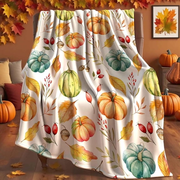 Fall Blanket Pumpkin Throw Blanket, Autumn Leaf Harvest Farmhouse Soft Warm Cozy Blanket, Fall Throw Blanket for Couch Sofa Bedroom Chairs 50 X 60 Inch