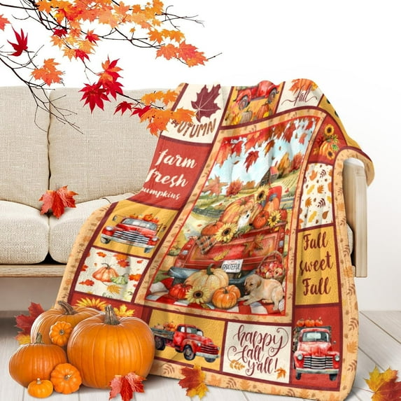 Fall Blanket Pumpkin Throw Blanket Red Truck Maple Leaf Autumn Harvest Fleece Blankets Thanksgiving Decor Gift Fall Decor Flannel Blankets for Couch Sofa Bedroom 50"x40"