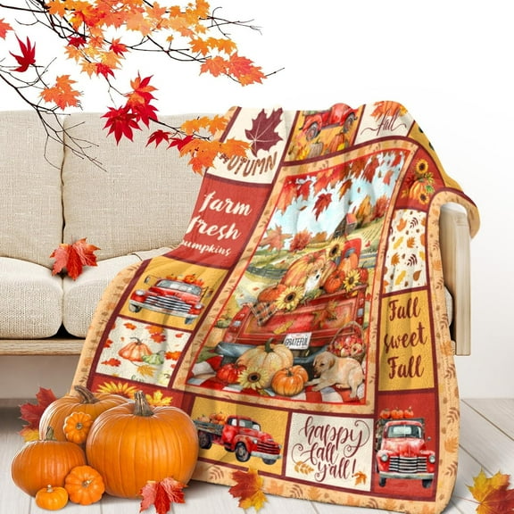 Fall Blanket Pumpkin Throw Blanket Red Truck Maple Leaf Autumn Harvest Fleece Blankets Thanksgiving Decor Gift Fall Decor Flannel Blankets for Couch Sofa Bedroom 50"x40"