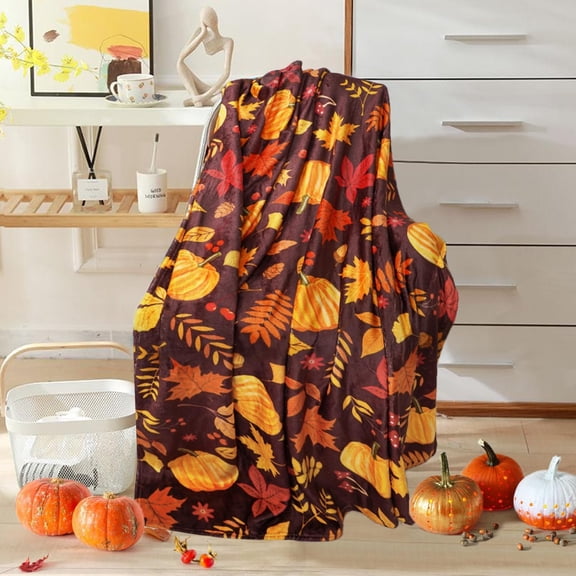 Fall Blanket, Red Brown Thanksgiving Fall Pumpkin Maple Leaf Blanket, Flannel Soft Warm Cozy Blanket for Sofa and Chair 50x60inch