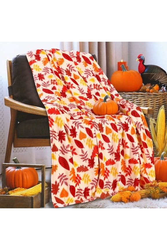 Fall Blanket Throw, 40"×30" Fleece Pumpkin Leaves Blankets for Couch Sofa Bed Lounging, Soft Warm Orange White Throw, Fall Decor