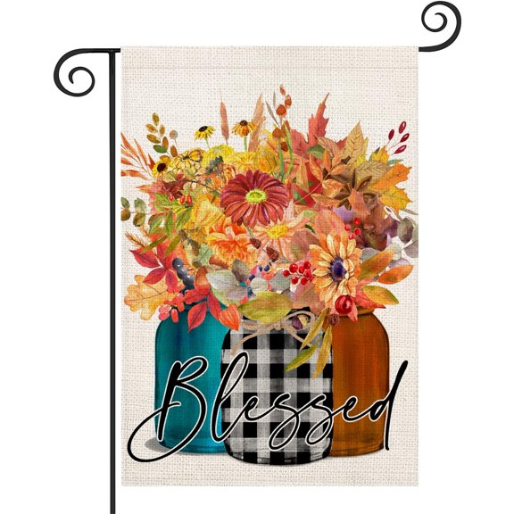 Fall Blessed Garden Flag Floral Autumn Thanksgiving Buffalo Maple Leaves 12.5x18 Double Sided Outside Decorations Vertical Rustic Farmhouse Seasonal Holiday Yard Flag