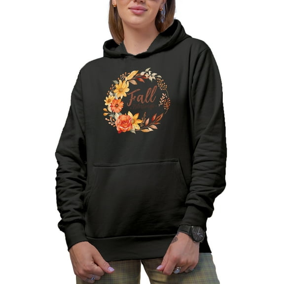 Fall Blessings, Autumn Flowers Wreath Art Merch Gift, Black Hooded Sweatshirt or Hoodie, Small