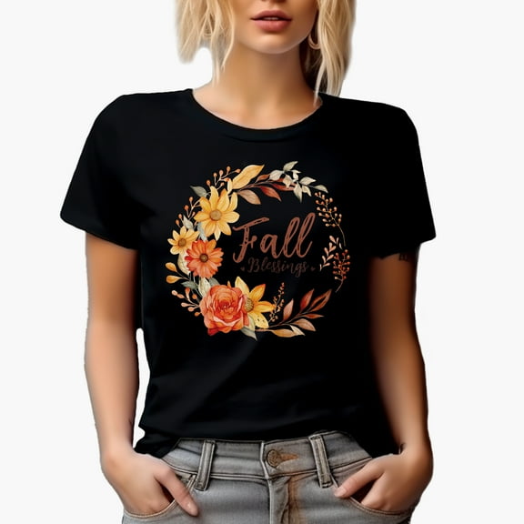 Fall Blessings, Autumn Flowers Wreath Art Merch Gift, Black T-Shirt, Small