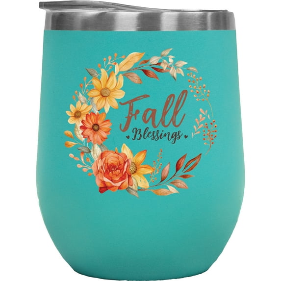 Fall Blessings, Autumn Flowers Wreath Art Merch Gift, Mint 12oz Wine Tumbler